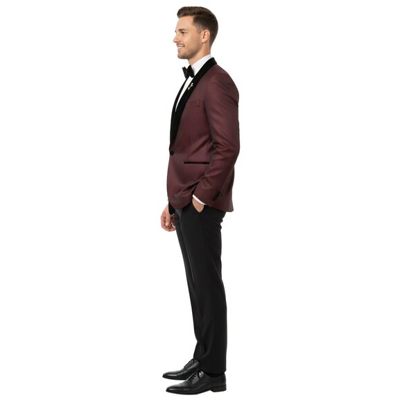 Dotten Burgundy Mens Slim-Fit Jacket w/ Velvet Notch Lapel - Picture 3 of 5